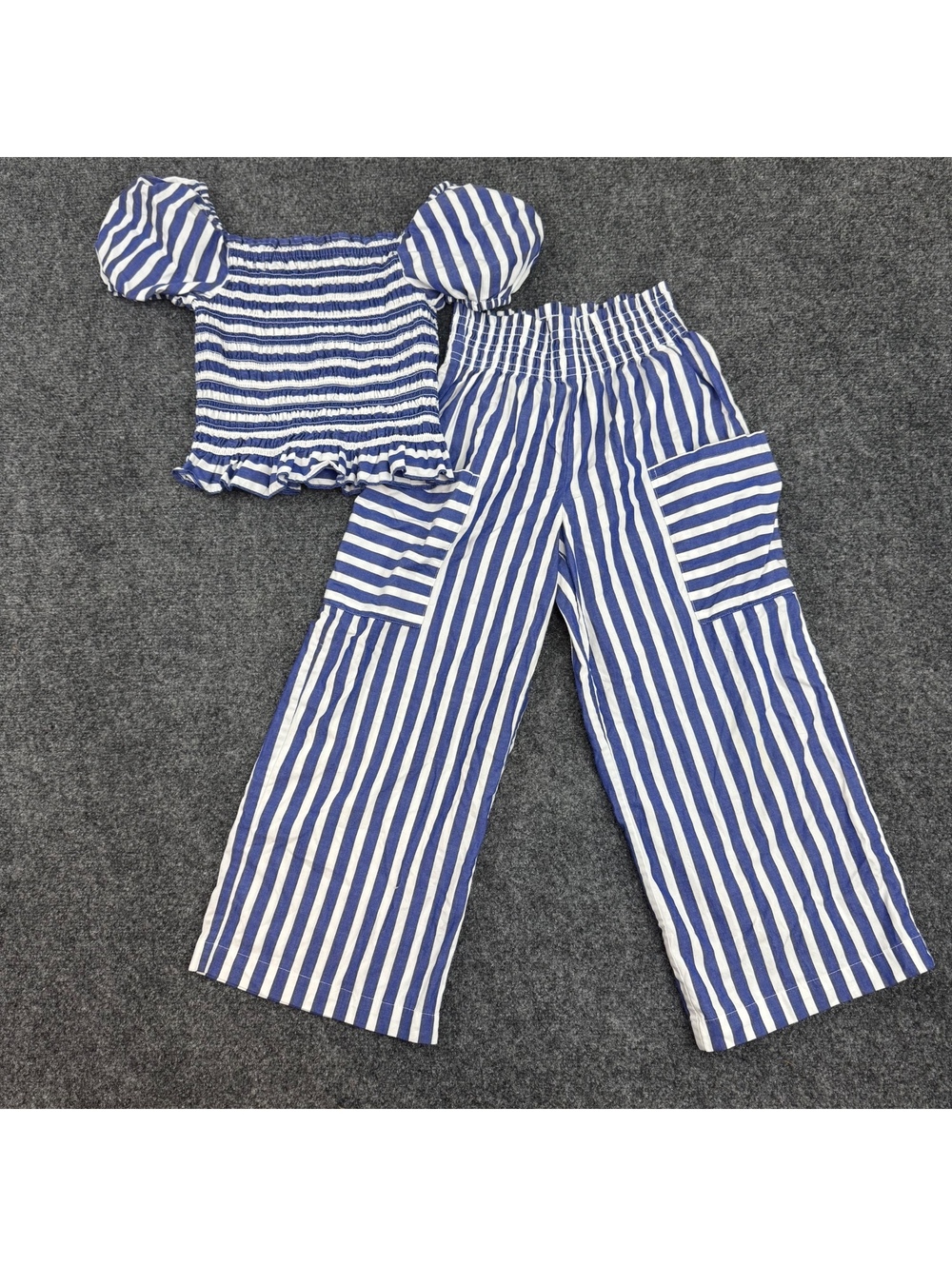 Polo Ralph Lauren Girls 7 Blue Stripe Smocked Top Wide Leg Pants Outfit Set